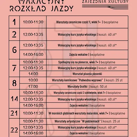 Wakacyjny Rozkład Jazdy w Zajezdni Kultury – warsztaty, muzyka i sztuka