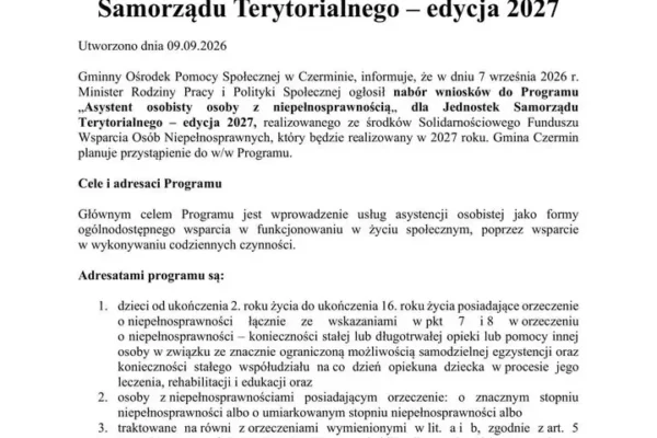 Gmina Czermin przystępuje do programu „Asystent osobisty osoby z niepełnosprawnością” – edycja 2027