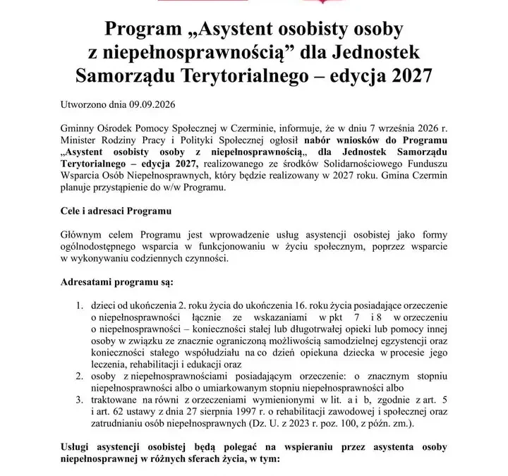 Gmina Czermin przystępuje do programu „Asystent osobisty osoby z niepełnosprawnością” – edycja 2027