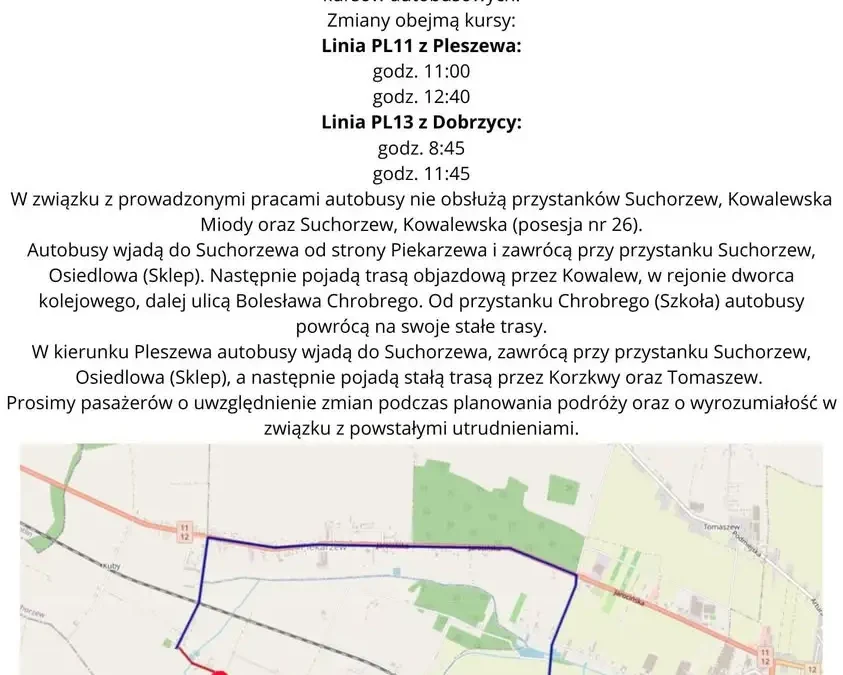 Przebudowa drogi w Suchorzewie: utrudnienia na liniach PL11 i PL13