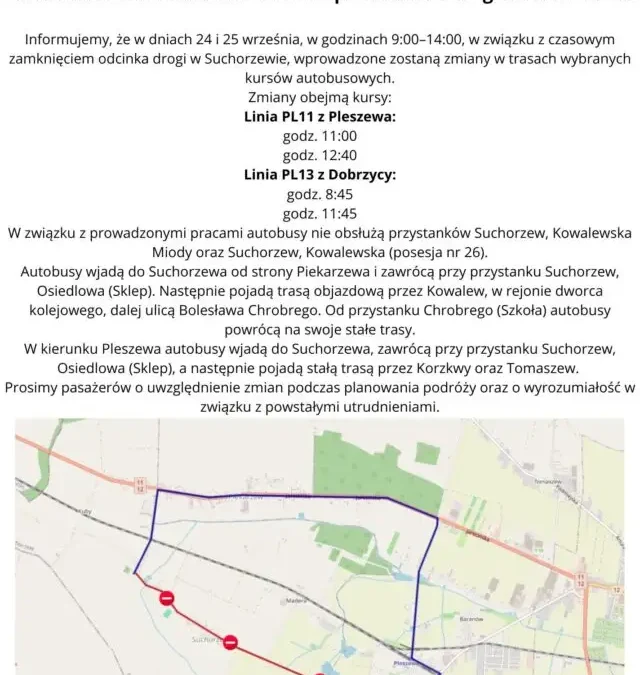 Suchorzew: objazd autobusów PL11 i PL13 z powodu przebudowy drogi