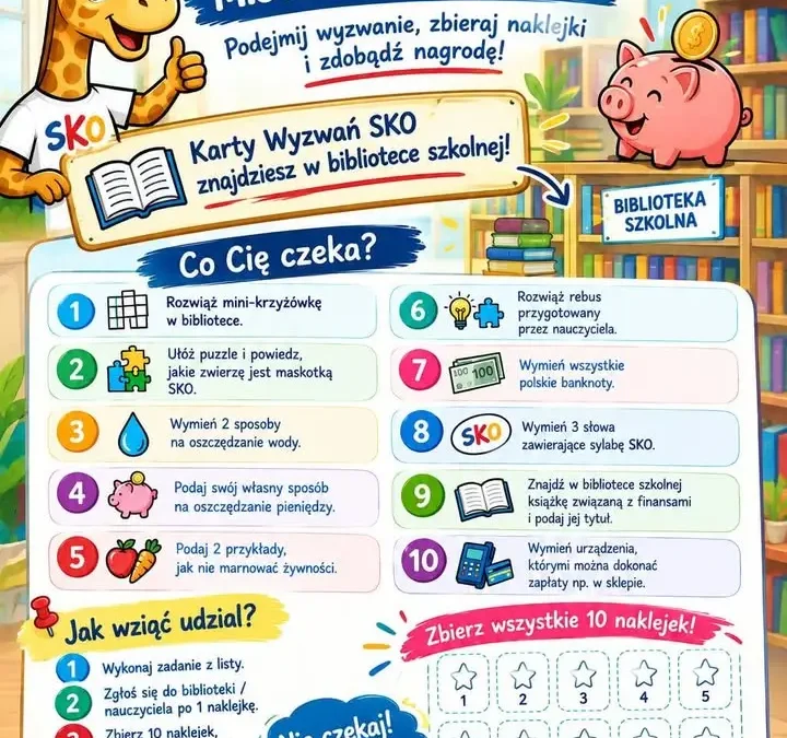Wyzwanie SKO w bibliotece szkolnej – zbierz naklejki i zdobądź nagrodę