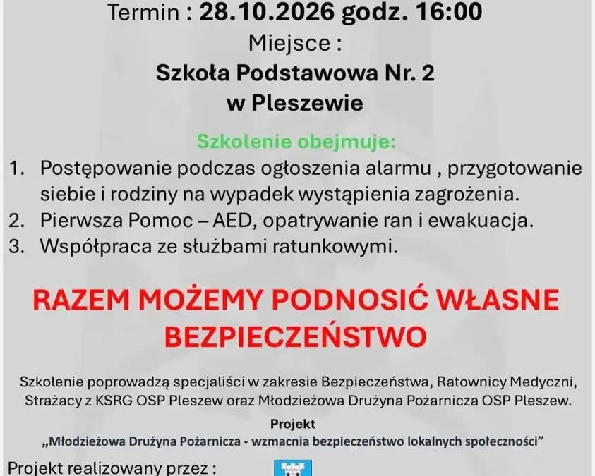 Pleszew: szkolenie z bezpieczeństwa i reagowania w kryzysie już 28 października
