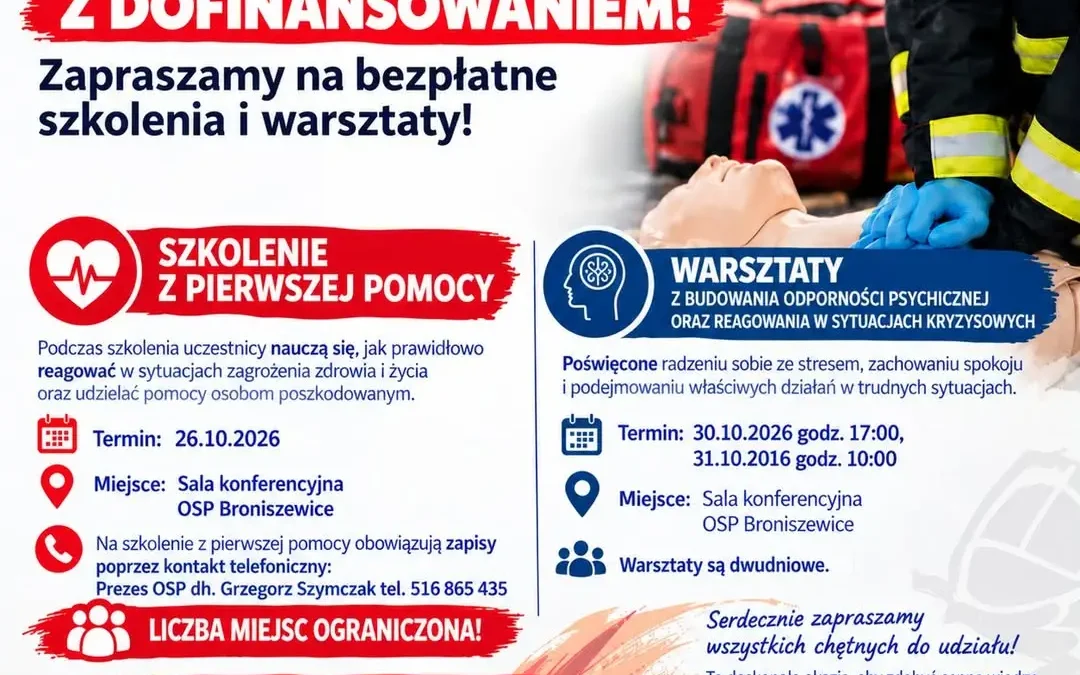 OSP Broniszewice zaprasza na bezpłatne szkolenia z pierwszej pomocy i odporności psychicznej