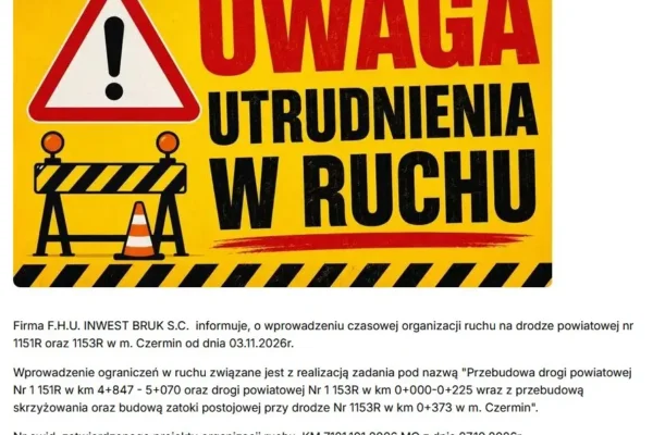 Utrudnienia w ruchu w Czerminie – zmiana organizacji ruchu od 3 listopada
