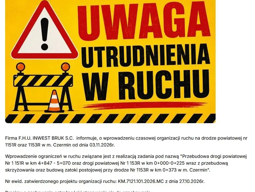Utrudnienia w ruchu w Czerminie – zmiana organizacji ruchu od 3 listopada