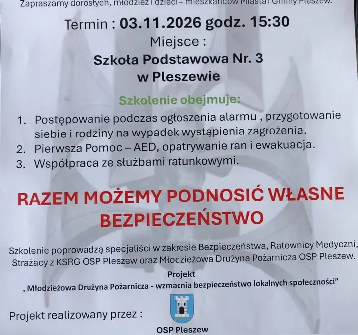 OSP Pleszew zaprasza na szkolenie z bezpieczeństwa w sytuacjach kryzysowych