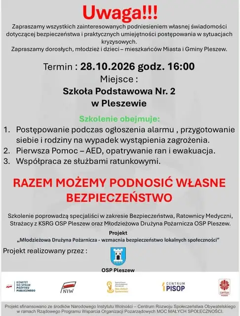 Bezpieczeństwo w praktyce – szkolenie dla mieszkańców Pleszewa już dziś